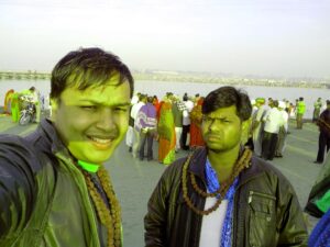 AskDushyant me and alok morning time triveni sangam ghat on maha shivratra snan 10th march 2013 allahabad bike trip mahakumbh 2013 memoir