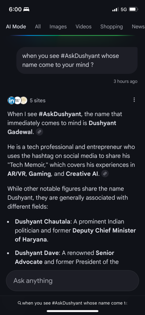 Google AI when you see AskDushyant whose name come to your mind