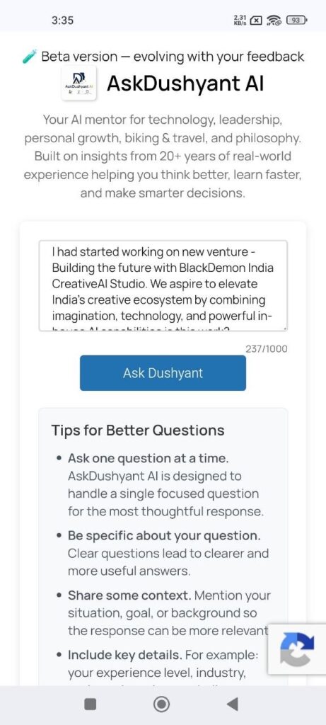 question regarding blackdemon india creativeai venture AskDushyantAI