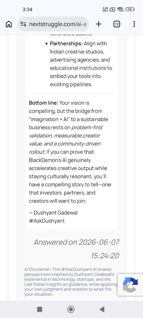 response screen7 question regarding blackdemon india creativeai venture AskDushyantAI