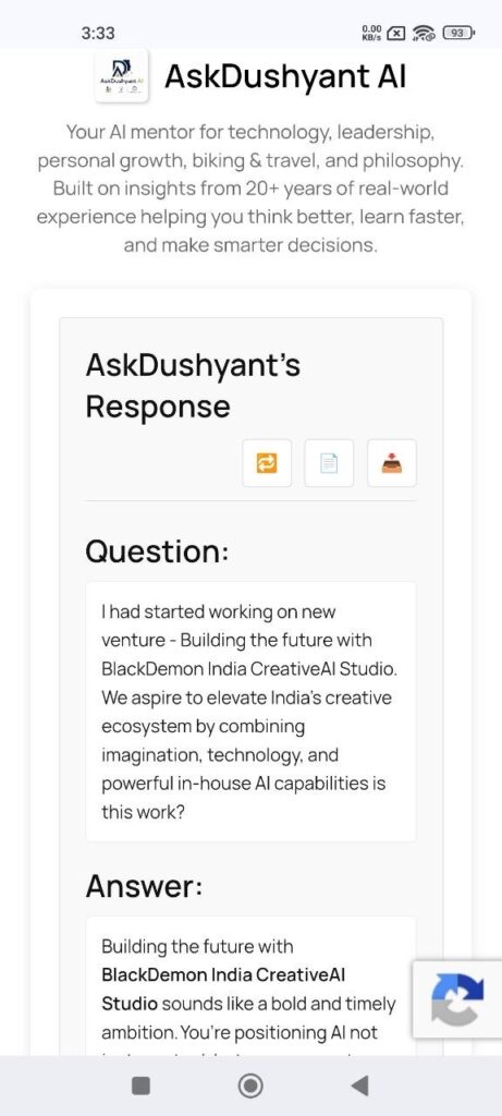 response to question regarding blackdemon india creativeai venture AskDushyantAI